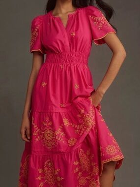 Anthropologie Somerset Bright Pink Embroidered Tiered Midi Dress